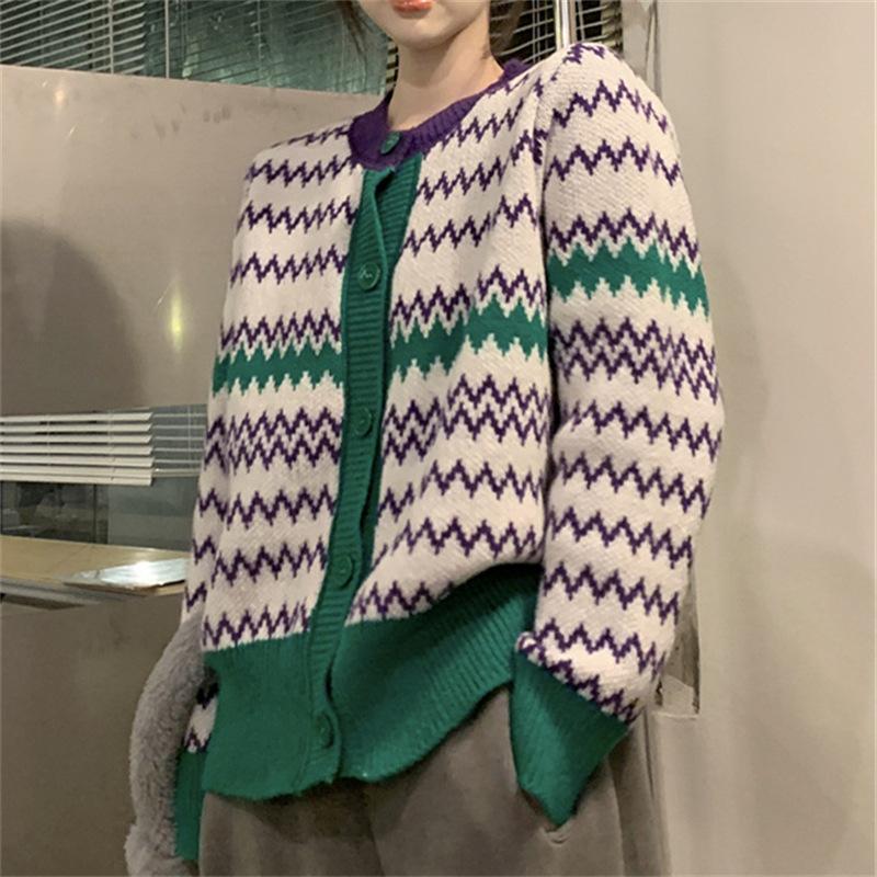 

Модный вязаный свитер, весна-осень, однобортный свободный женский кардиган с v-образным вырезом, клетчатая женская верхняя одежда, куртка One Size