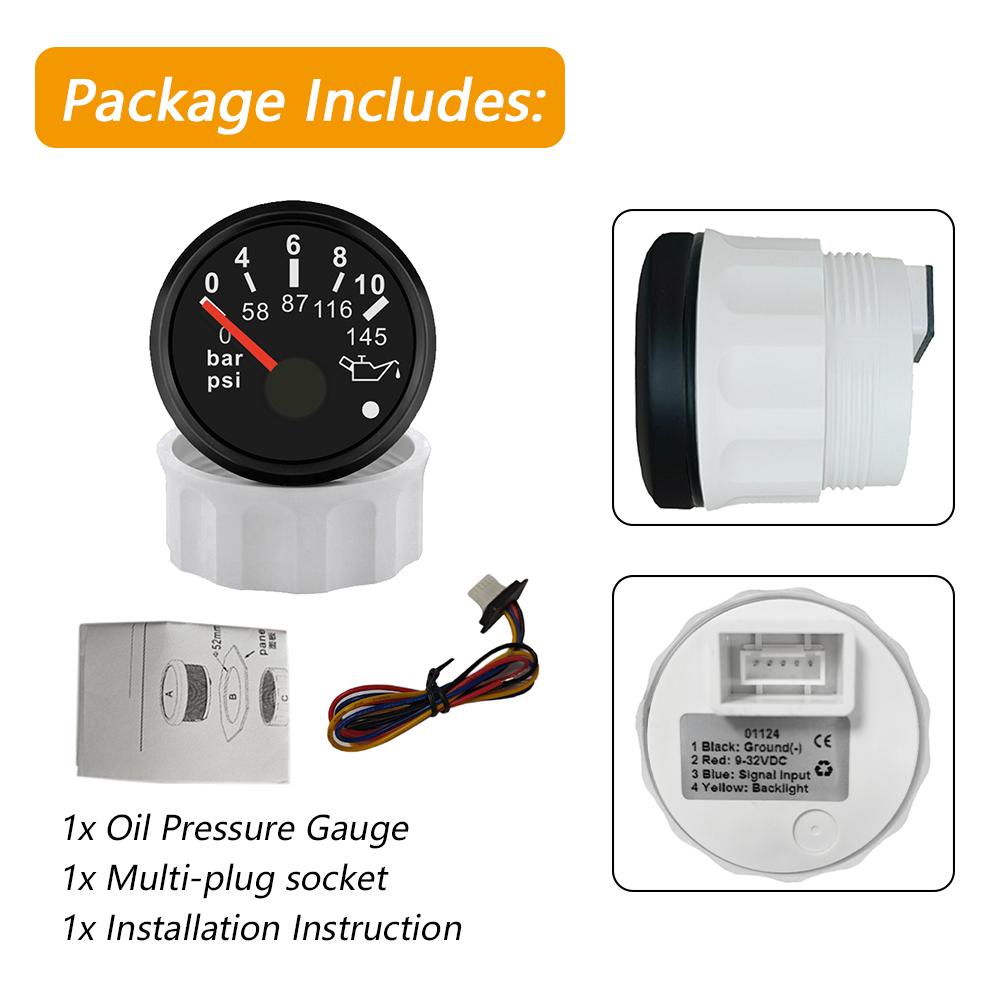 Rhaxel 52mm Oil Pressure Gauge Meter 0-5Bar 0-73PSI 0-10Bar 0-145PSI with Red Backlight with Alarm 12V 24V for Car Yachts