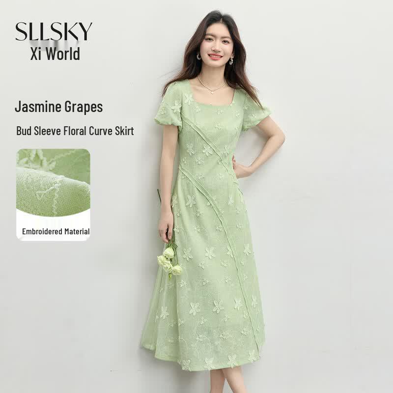French Style Embroidered Puff Sleeve Square Neck Dress XL
