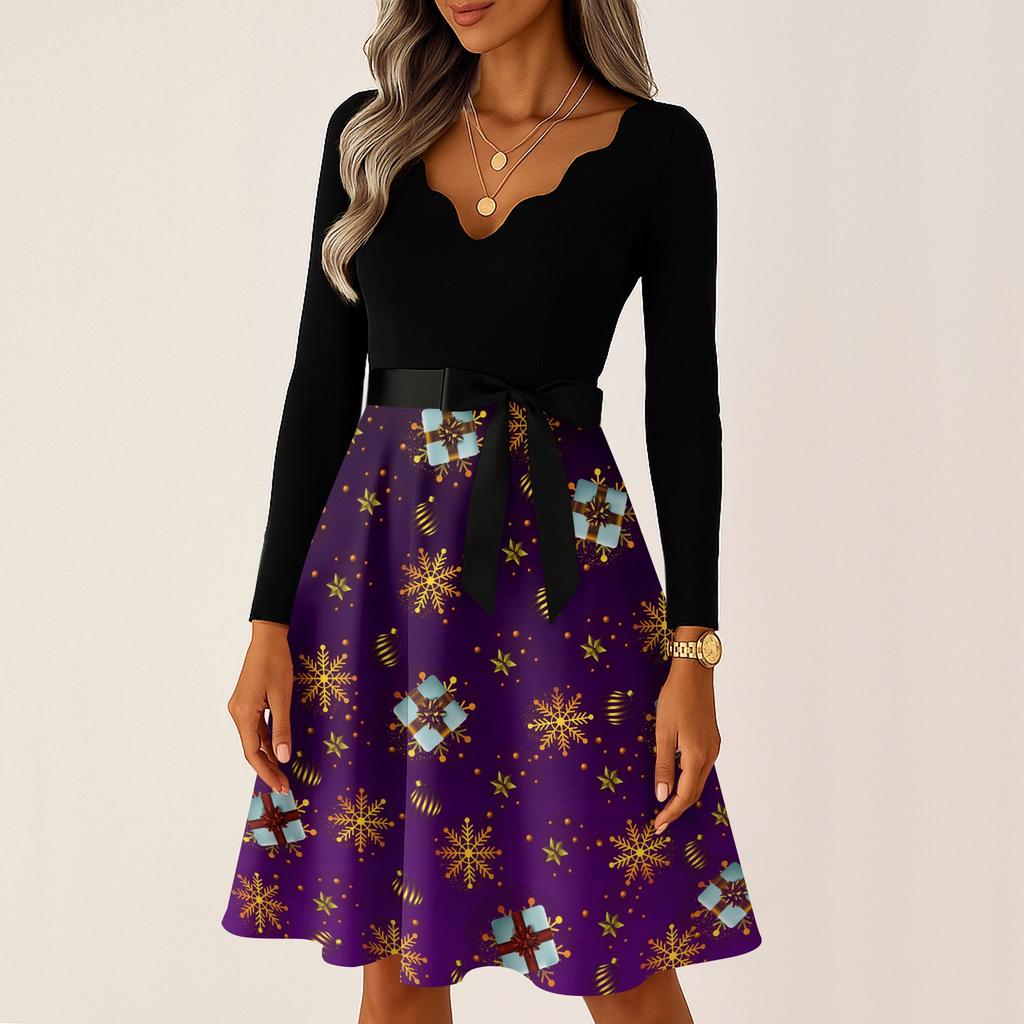 Women's Casual Fashion Long Sleeve Christmas Graphic Printed Vintage Long Dresses