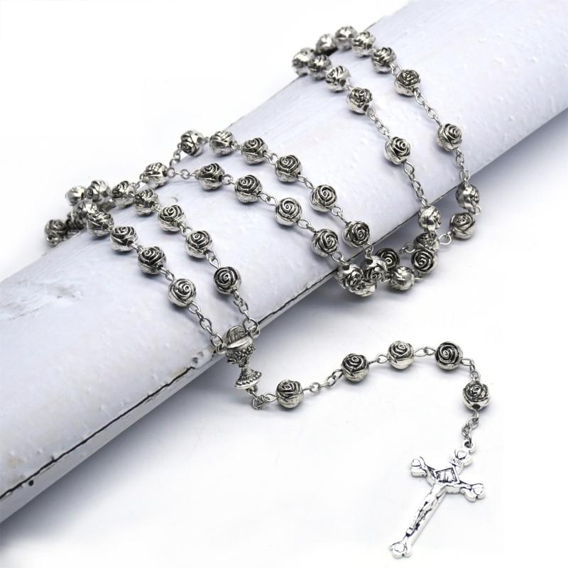 Catholic Rose Rosary Necklace Cross Pendant Beaded Necklaces Religious Jewelry
