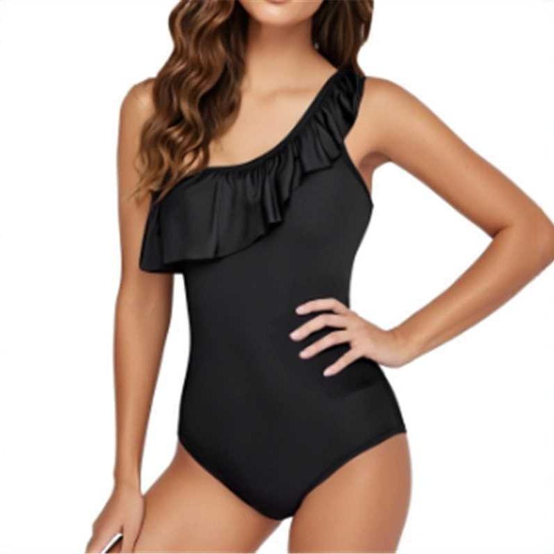Women S One Piece Triangle Swimsuit Ruffled Off Shoulder Solid Color