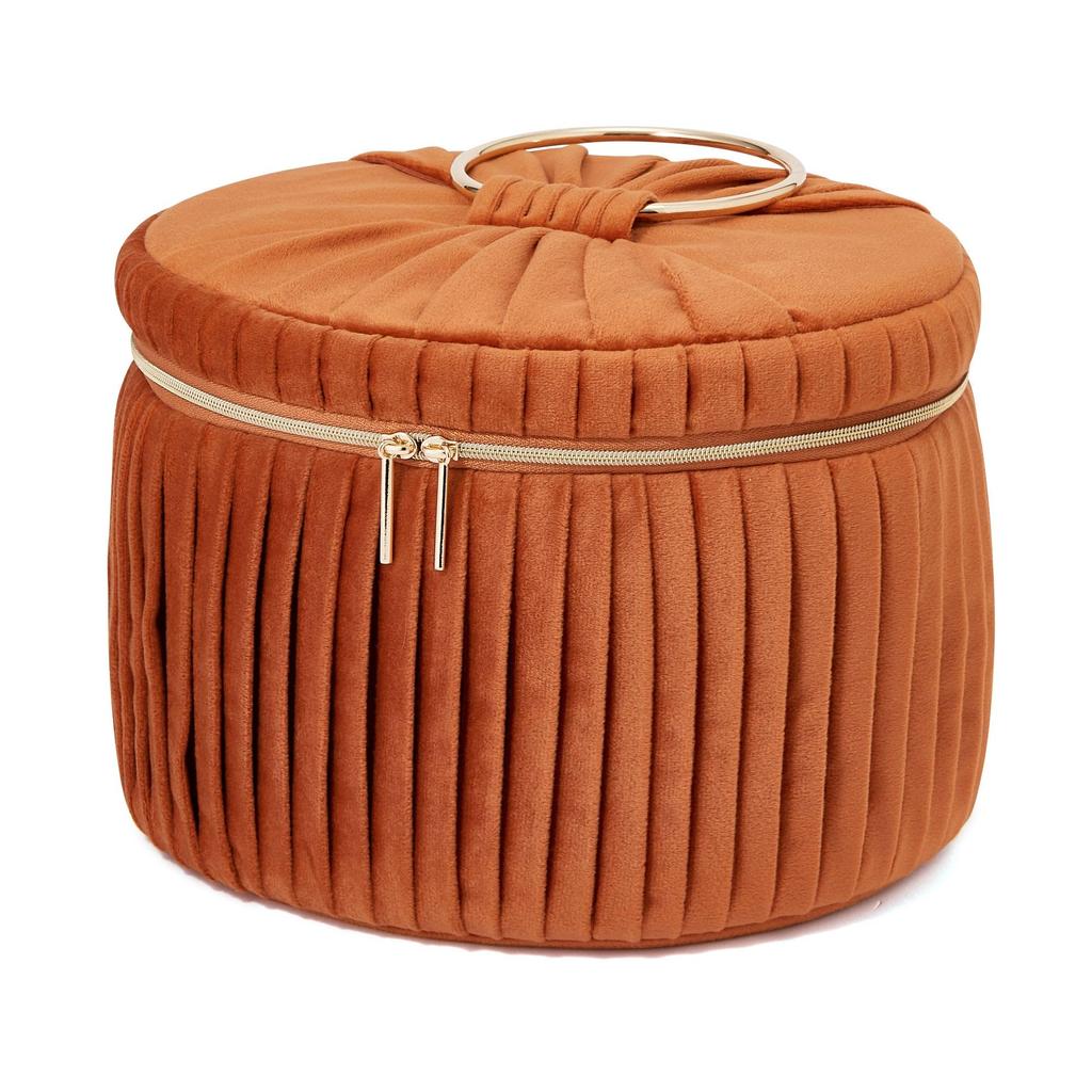 Francfranc Velvet Pleated Vanity Cosmetic Cosmetic Makeup Storage Pouch, Large, Orange, Pouch, Box,