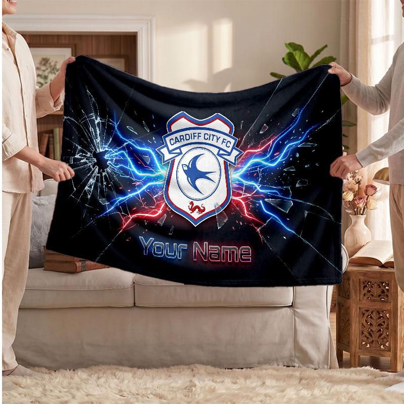 Cardiff City Personalized Fleece Blanket With Football Logo, Custom Name Text Soft Warm Home Throw Blanket