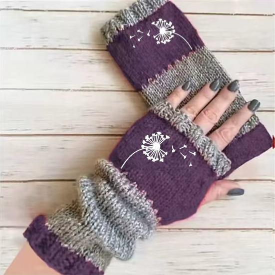 Knitted Fingerless Gloves Women Color-Block Knit Gloves Half-Finger Warm Gloves with Embroidered Dandelion Pattern for Texting Typing Writing