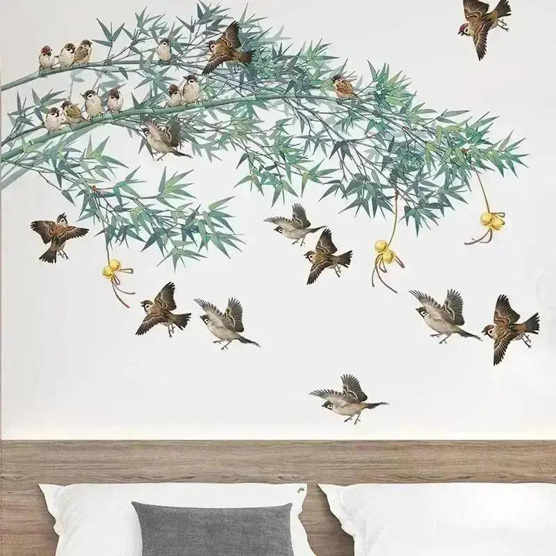 New Chinese Ink Painting Bamboo Birds Wall Stickers For Living Room Bedroom Sofa Background Decor Vinyl Wall Decals Home Decor