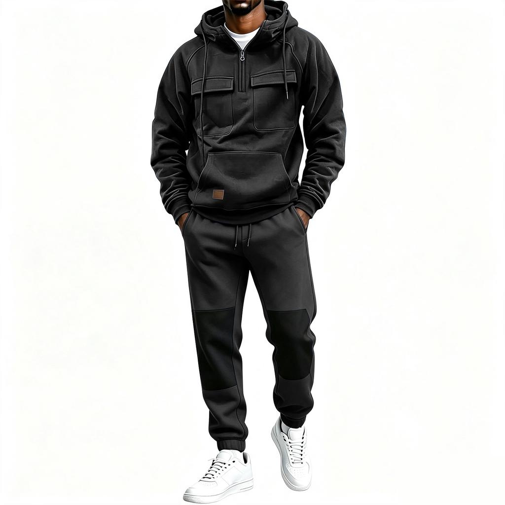 Men's Multi-Pocket Zip-Up Hoodie and Black Casual Pants 2 Piece Athletic Set