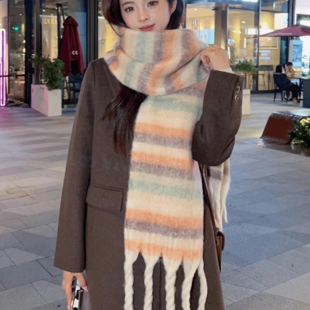 Mohair Winter Cashmere Scarves Rainbow Long Shawl Elegant Stripe Wool Scarf Student