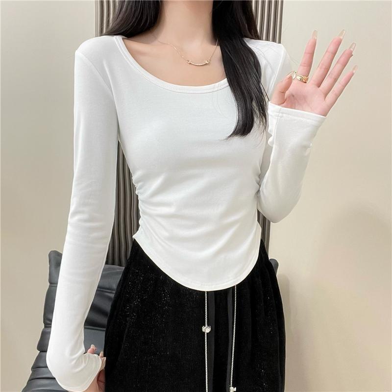 

Реальное фото Футболка с длинным рукавом и плиссированной талией Spice Girl женская осенне-зимняя из немецкого бархата теплая короткая с большим вырезом U-образный вырез топ XL белый