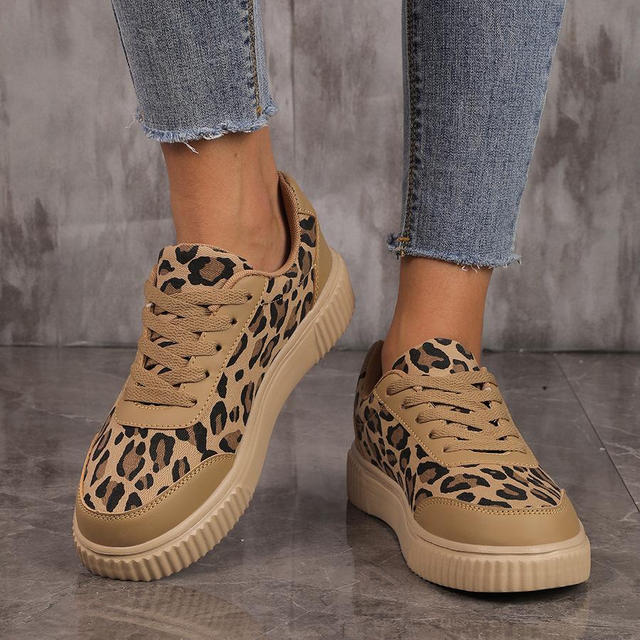 Women's Leopard Print Canvas Sneakers Platform Lace Up Casual Shoes Outdoor Vulcanized Running Trainers