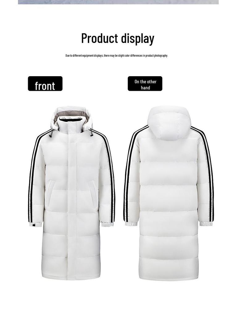 Unisex White Duck Down Jacket - Classic Three-Stripes, Hooded, Warm Outerwear for Students (Autumn/Winter).