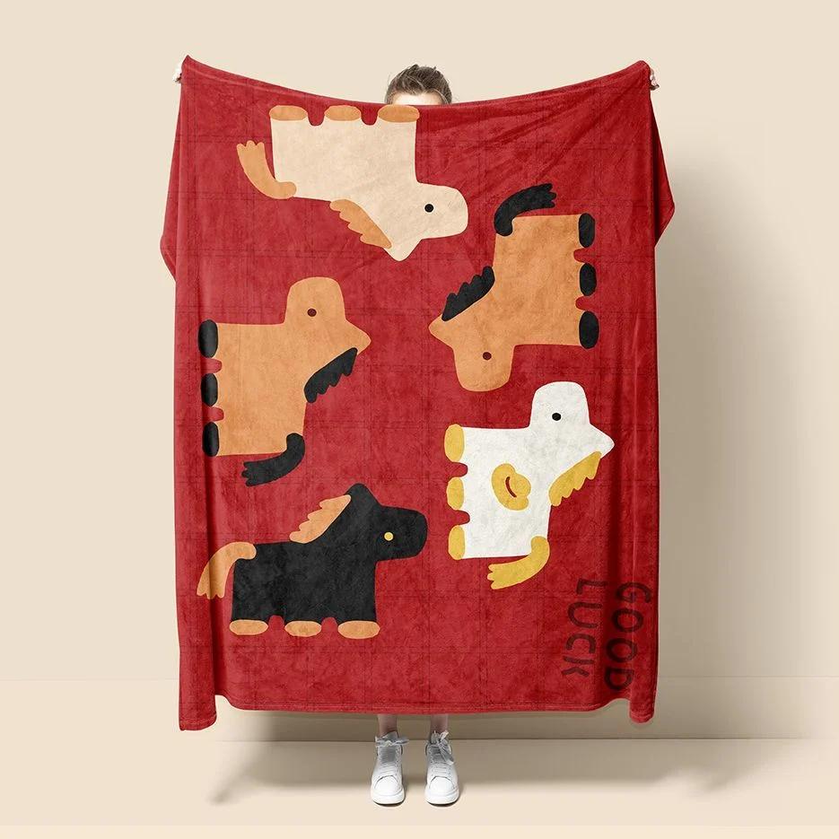 

New Year Horse Year Blanket Red Sofa Throw Winter Thick Soft Cover for Office Home Gift 40x50inch 101x127cm