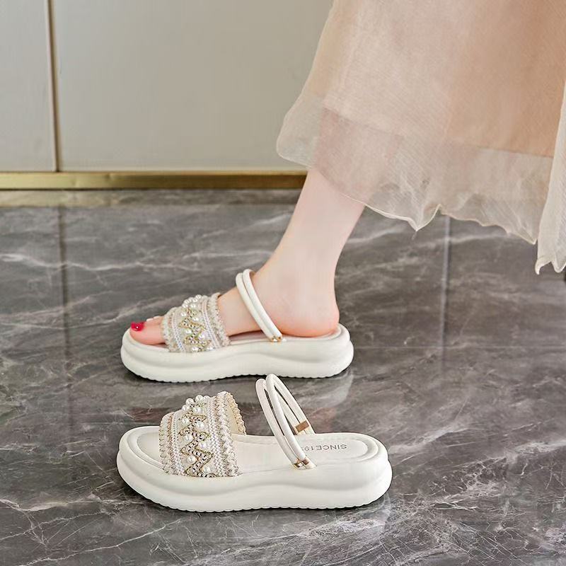 Soft Sole 2025 Slippers Pearl Outer Wear Summer Sandals Skirt New Non-slip Word Fairy Fan Thick Sole Two Wear Trendy