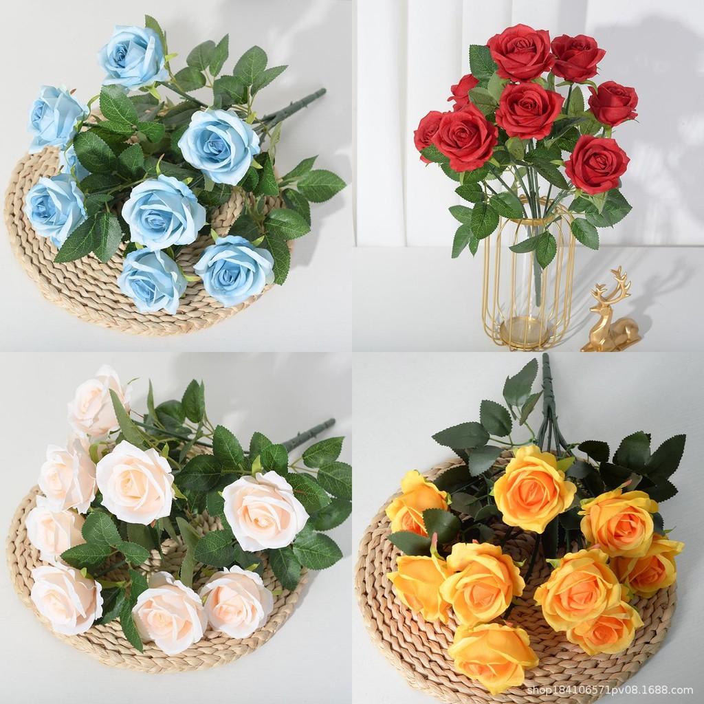 Realistic Faux Rose Display Nine Head Flowers For House Decor Photography Studio And Outdoor Settings