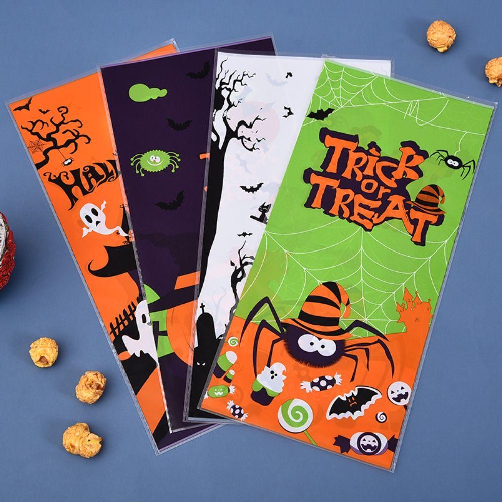 50pcs Trick or Treat Halloween Candy Bags Snack Pouch Food Plastic Pack Gift Bag Transparent Cellophane Pumpkin Bat