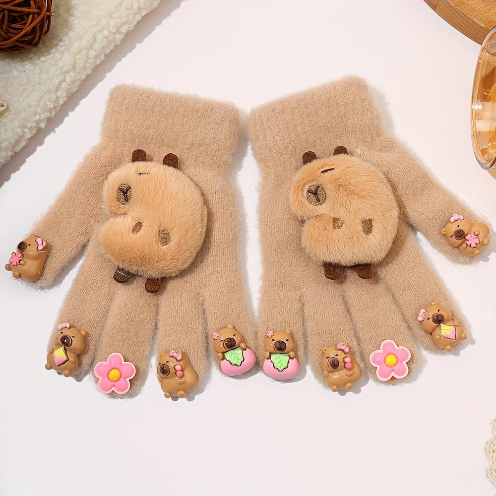Cute Winter Girls' Gloves with Adorable Capybara Decoration, Comfortable and Warm for Autumn and Winter, Fingertip Design