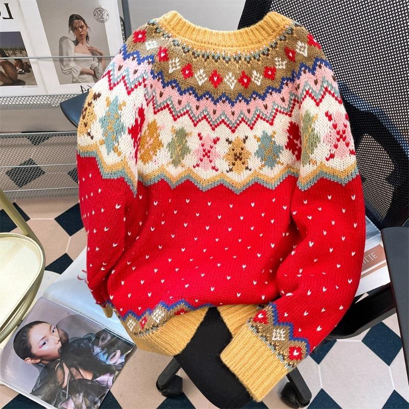 Christmas Style Women's Cardigan Red Single Breasted Round Neck Knitted Sweaters Striped Jacquard Autumn Woman Outerwear