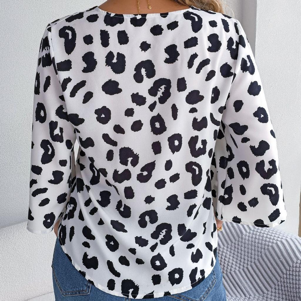GMXIA Moda damă ocazional de vară imprimeu leopard mâneci jumătăți cu decolteu în V Bluze largi și cămăși din șifon cu șireturi