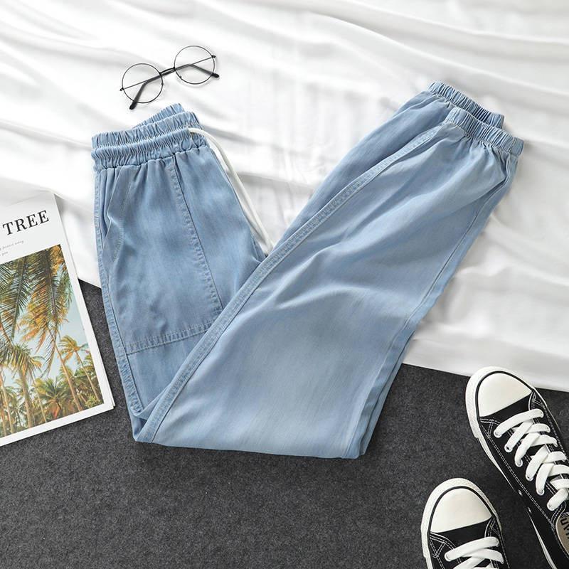 

Summer Loose High Waist Harem Pants Women Solid Color Casual Thin Denim Pants Female Plus Size Woman Pants 2025 S синій