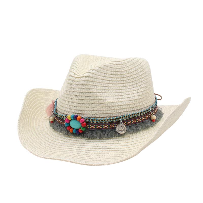Cowboy Straw Hat Women's Summer Travel Sun Protection Visor Year New Ethnic Style Jazz Hat Big Brim Beach Hat