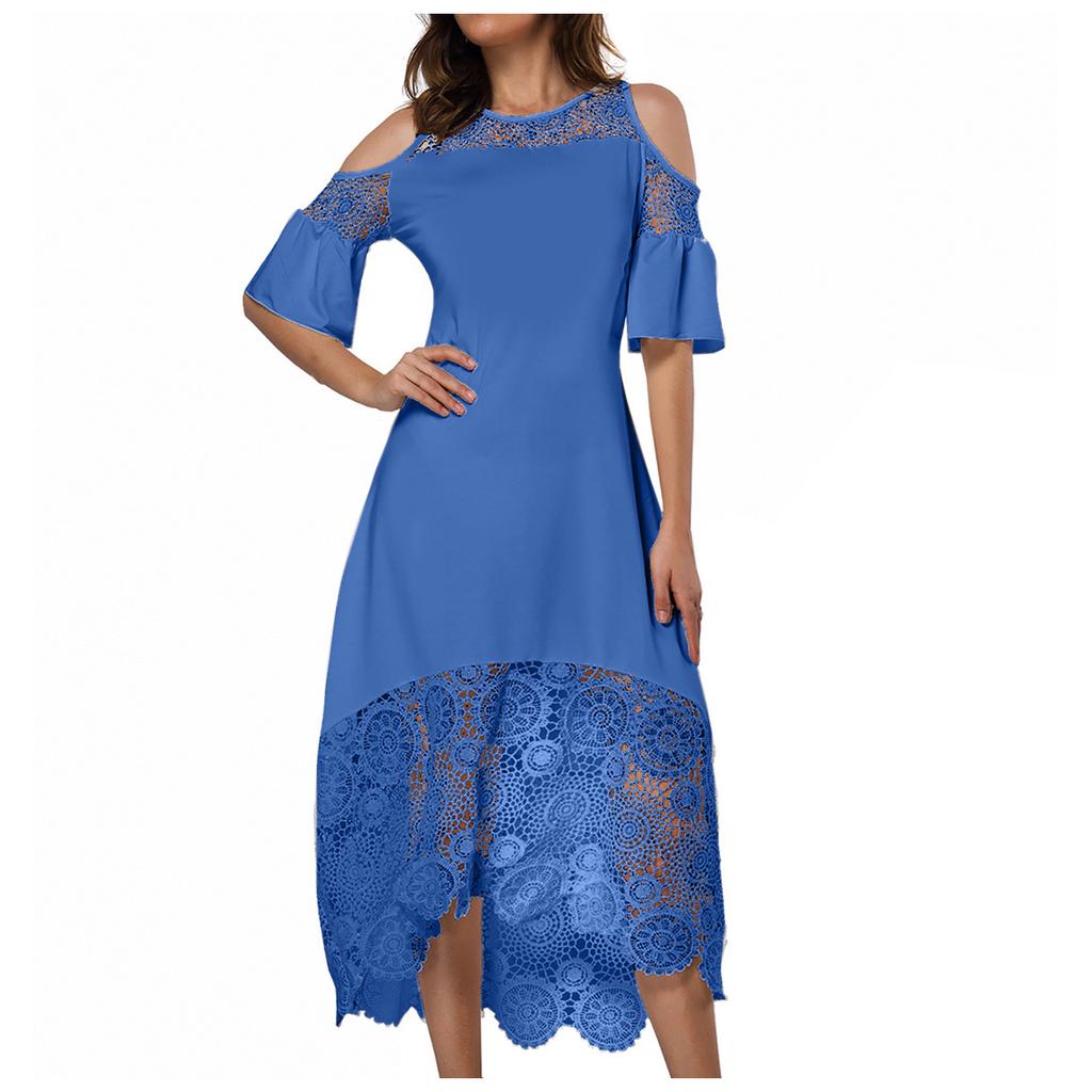 Women's Solid Color Lace Stitching Off-shoulder Short-sleeve  Waist Dress