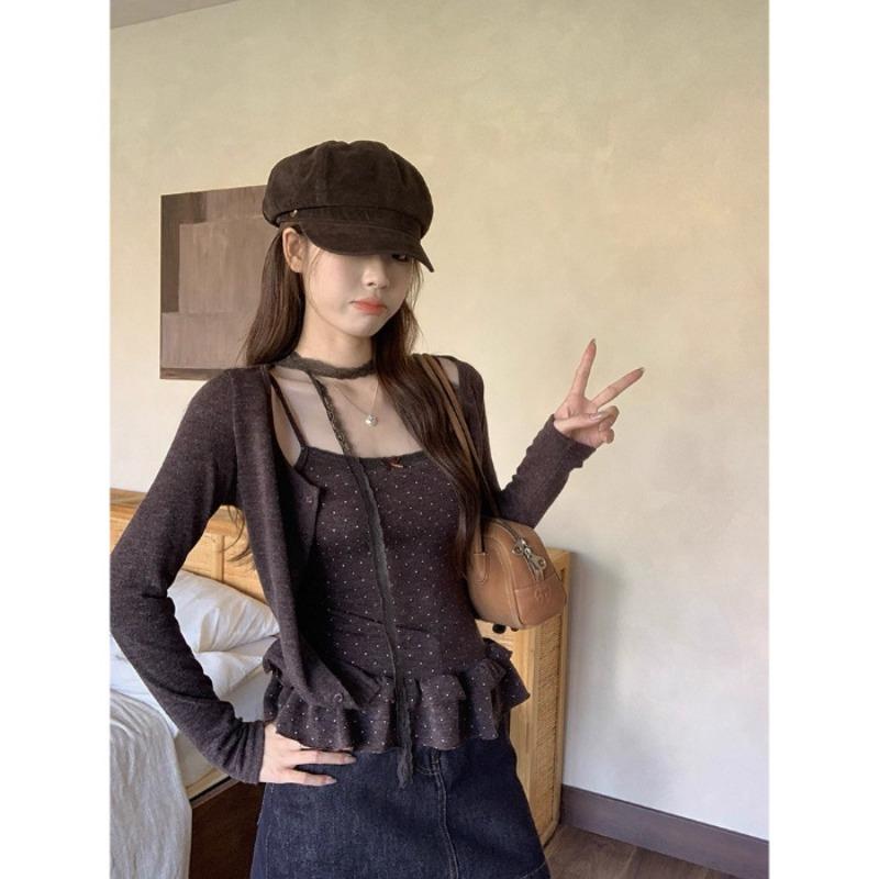 Japanisches Y2k Gestricktes Vintage Harajuku Knopf Strick T-Shirt Sets Koreanischer Stil Strickwaren Amerikanisch