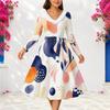 Women Plus Size Furry V Neck Long Sleeve Dark Blue Abstract Print Belted A Line Midi Dress
