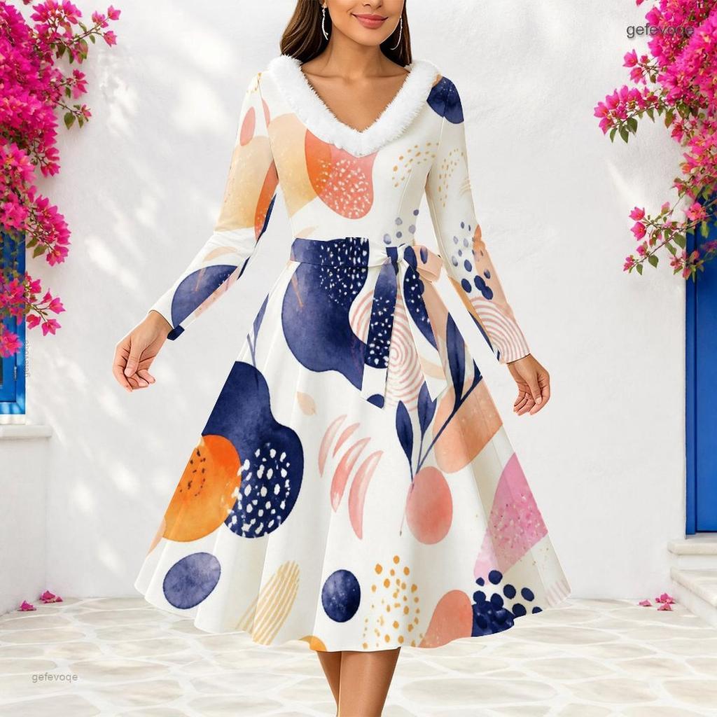 Women Plus Size Furry V Neck Long Sleeve Dark Blue Abstract Print Belted A Line Midi Dress