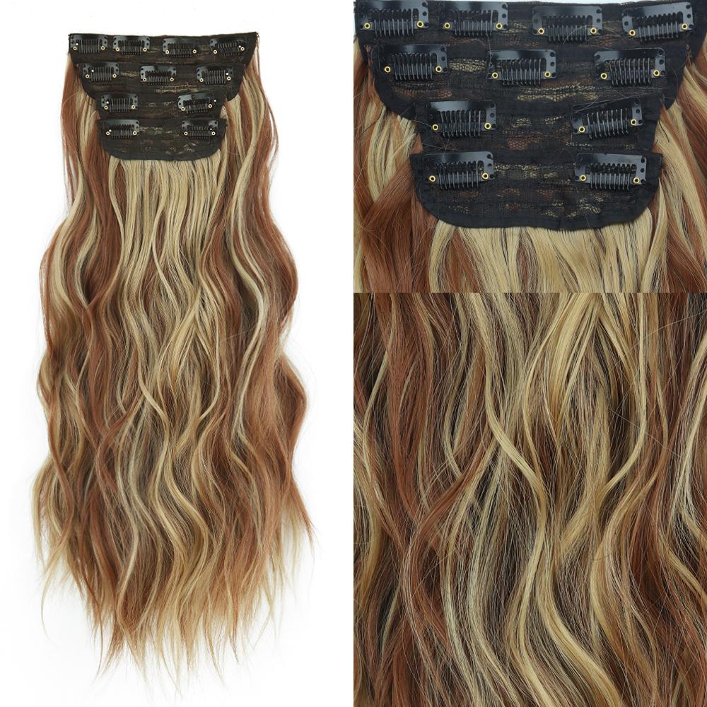 MISSQUEEN Light Brown Long Wavy Hair Extensions Synthetic Fiber Natural 4 Pieces Clip On Hairpiece Women Fashion Daily Wear Hair