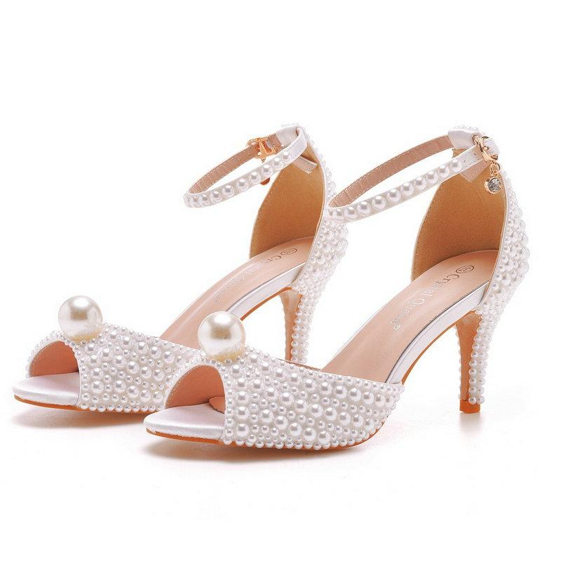 Fashion 2025 Sweet Handmade Pearl Fine Heel Line With Shallow Mouth Banquet Fish Mouth Wedding Shoes Thick Heels High Heels For Women