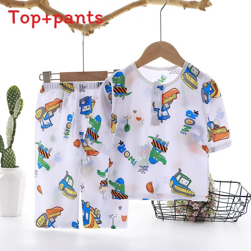 Cartoon Dinosaur Kids Sleepwear Set With Breathable Cotton Silk For Summer Comfort
