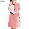 ZANZEA Women Casual Turn Down Collar Short Sleeve Patchwork Dress