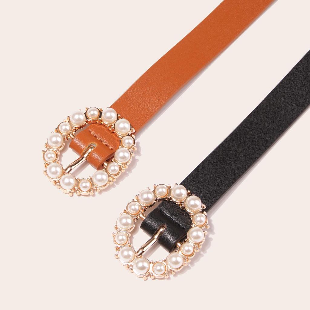 Elegant Women's Two-Piece Leather Waist Belt Set with Pearl Buckle