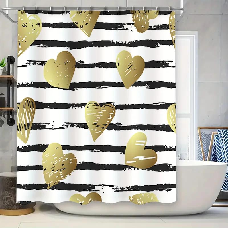 

Black White Striped Shower Curtain With Gold Heart Printing Home Decor Bath Curtains For Kids Bathroom Waterproof Fabric Shower W60H190(CM)-1 Pcs