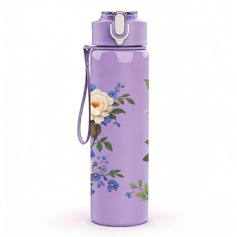 1PC Blue White Mixed Rose Flower Bouquet Print 750ml Color Plastic Sports Water Bottle Leakproof Flip Straw Lid Suitable for Sports Office Home Use