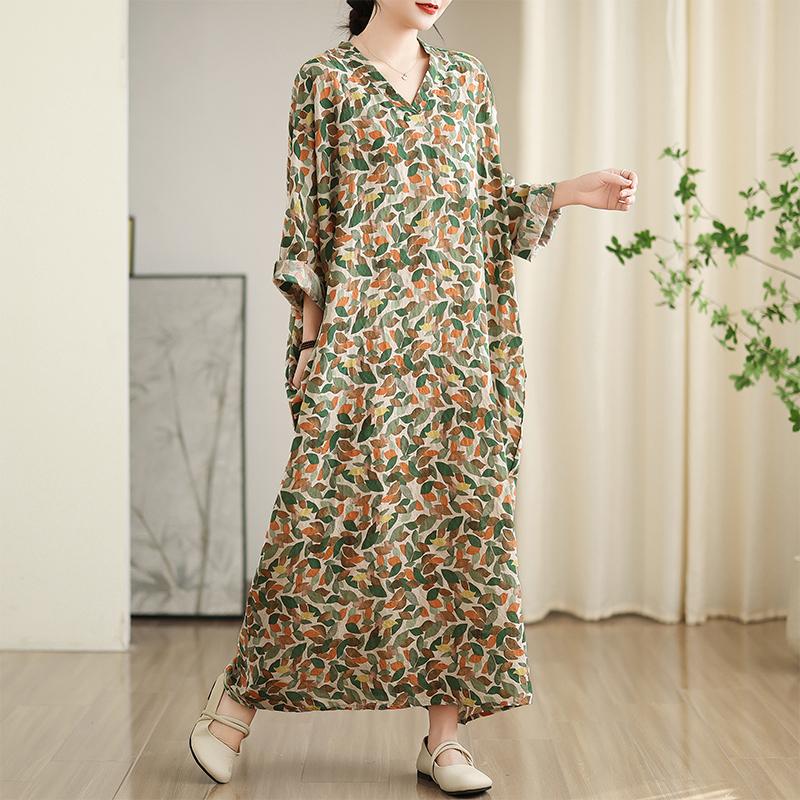 DIMANAF 2025 Women Plus Size Spring Summer Dress Basic Long Dress Leaf Printing Vintage Loose Long Sleeve