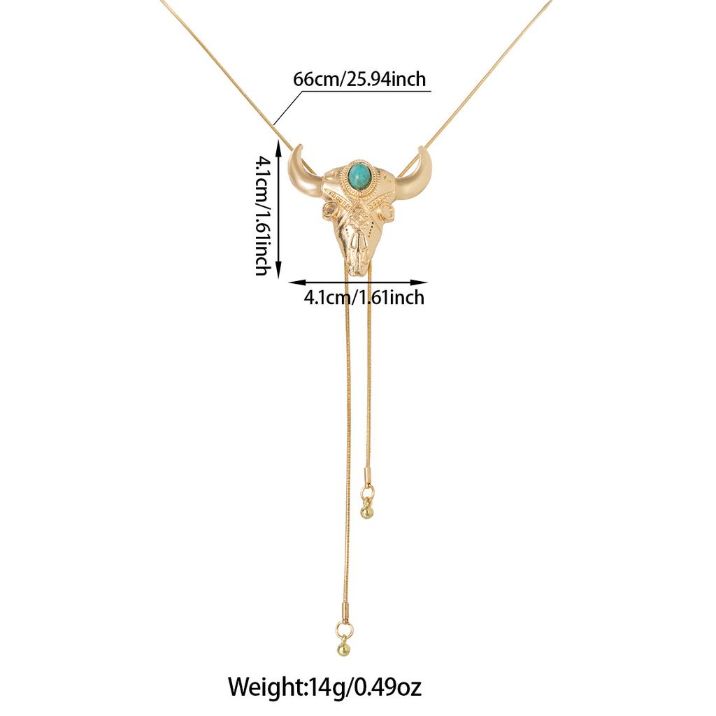 European and American Style Bull Skull Pendant Necklace, Gold Snake Chain with Turquoise Drawstring Style