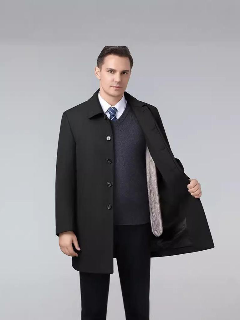 Men's Mid-Length Windbreaker with Removable Fur Lining and Velvet, Business Casual Large Size Coat