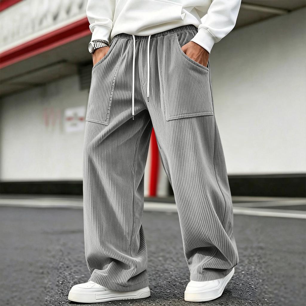 Men's Corduroy Pants Loose Fit Straight Leg with Elastic Waist for Casual Everyday Wear