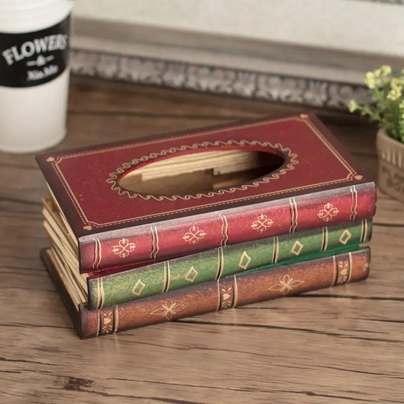 Wooden Vintage Book-Shaped Tissue Holder Dispenser Retro Bookmarkable Cover with Tissue Flaps Decorative Napkin Box Home Office