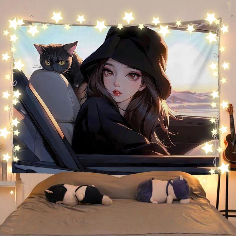 Anime-Mädchen und Katze Heilende Landschaft Wandteppich Wandbehang Dekoratives Gewebe für Zimmer Kopfteil und Hintergrunddekoration