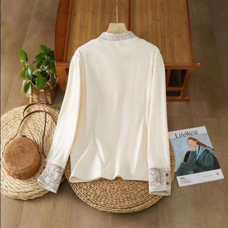Women S Slim Fit Stand Collar Long Sleeve Thermal Base Shirt Retro Style Embroidery