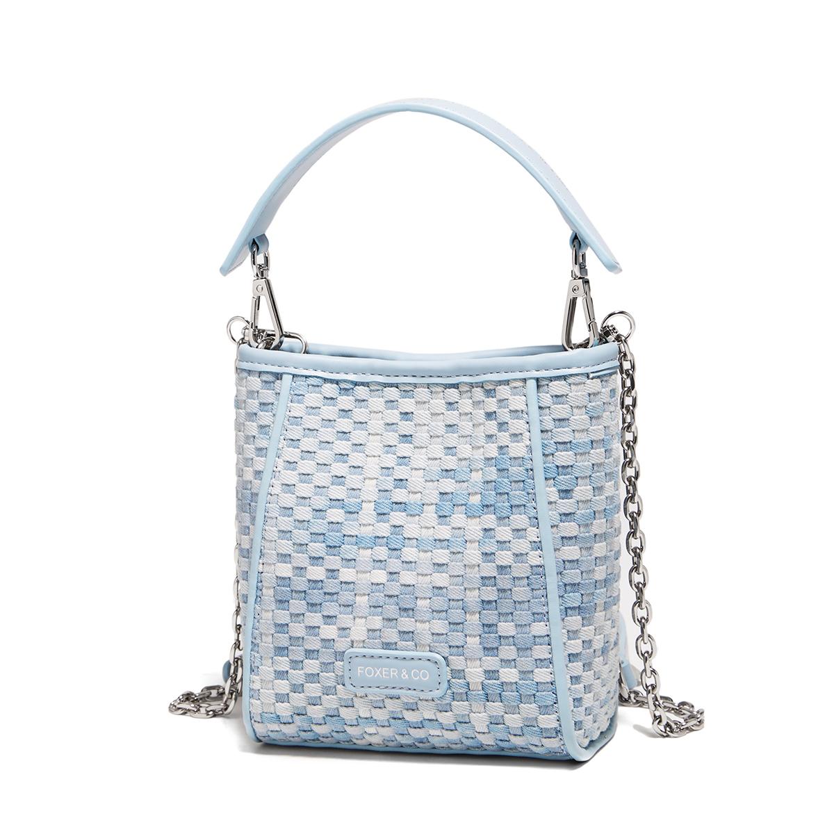 

FOXER Woven Checkered Women s Shoulder Bag 2026 New Lady Crossbody Bag With Chain Strap Light Blue Casual Mini Handbag For Daily