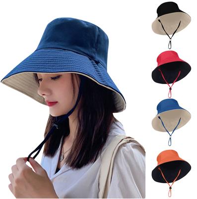 Sun Hat For Women, Solid Color Double-layered Big Sunscreen Basin Hat With Strap,Summer Sun Travel Hat