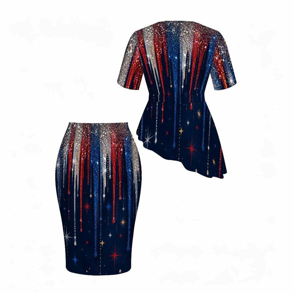 Women Plus Size Two Piece Skirt Set Round Neck Short Sleeve Printed Asymmetric Top Fitted Skirt Red Blue White