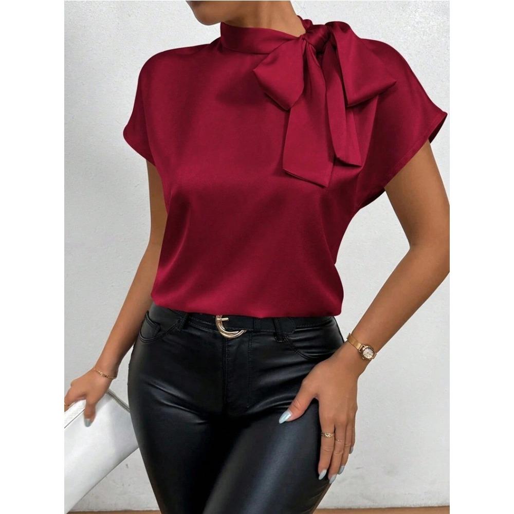 

Женская летняя рубашка в стиле минимализма, элегантная женская атласная розовая рубашка с короткими рукавами, шнуровкой и бантом на шее, повседневная облегающая рубашка для офиса M красный