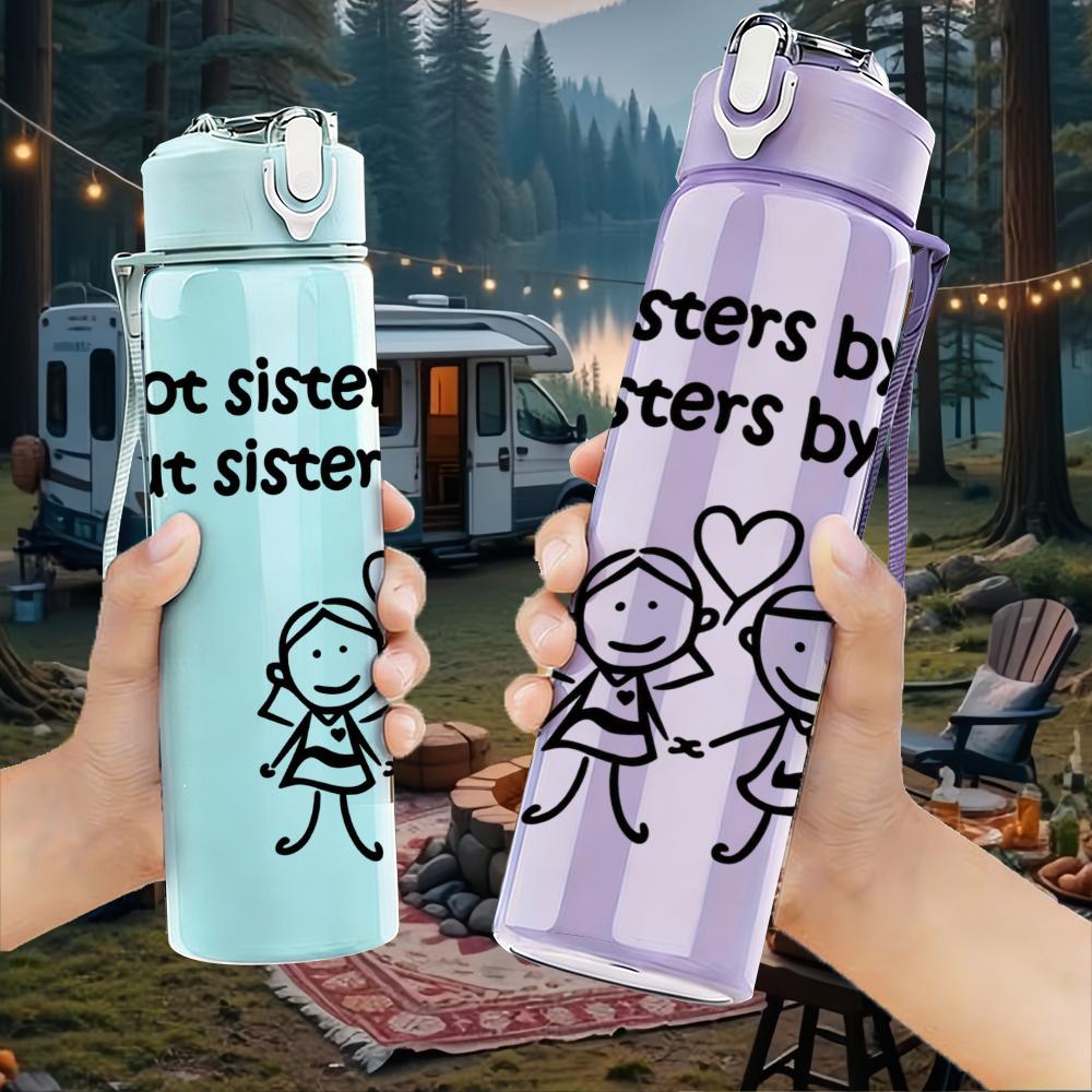 1PC Sister Heart Line Art Quote 750ml Color Plastic Sports Water Bottle Leakproof Flip Straw Lid Suitable for Sports Office Home Use
