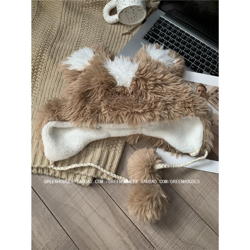 Cute Little Bear Hat for Women Thickened Fluffy Winter Ear Protection Head Hat Showing Face Small Warmth Lei Feng Hat Student Trend