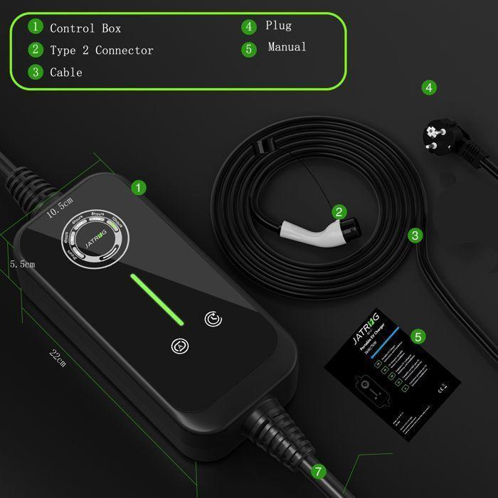 Jatrhg ev chargeur 7m 3.6kw-1.5kw 16a|13a|10a|8a type 2 câble de charge voiture electrique portable courant commutable chargeur ev