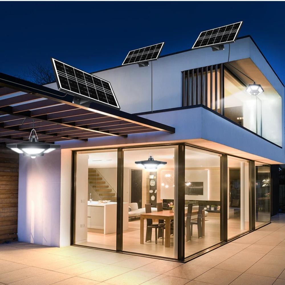 Lampe solaire suspendue pour abri de jardin, intérieur/extérieur, 180 LED, 1000 lm, avec télécommande, idéale pour grange, tonnelle ou garage.